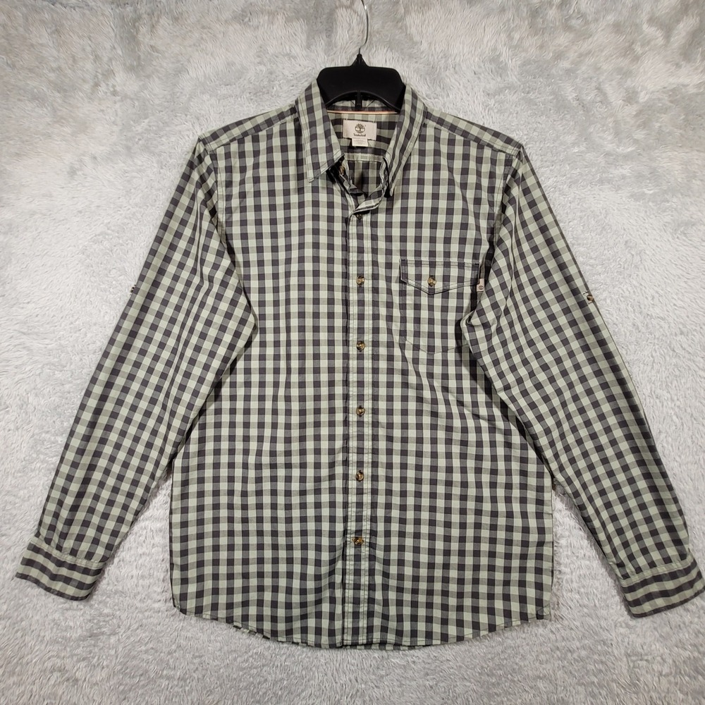 Timberland Button Up Shirt Mens Medium Green Gingham Plaid Long Sleeve